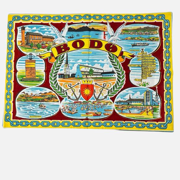 Table Mat Norway Fabric Bodo Landmarks Red Yellow 16x11 Colorful Souvenir Vtg - Picture 1 of 9